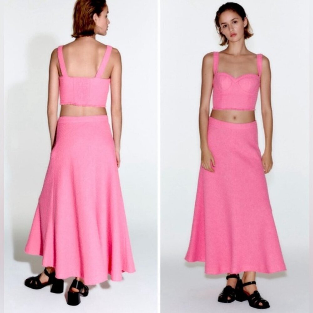 NWT ZARA Textured Tweed Flared‎ Hem Candy Pink Long Skirt 2929/469/633 Size XL